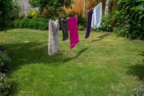 istock Laundry hung out to dry on a washing line 1415809268