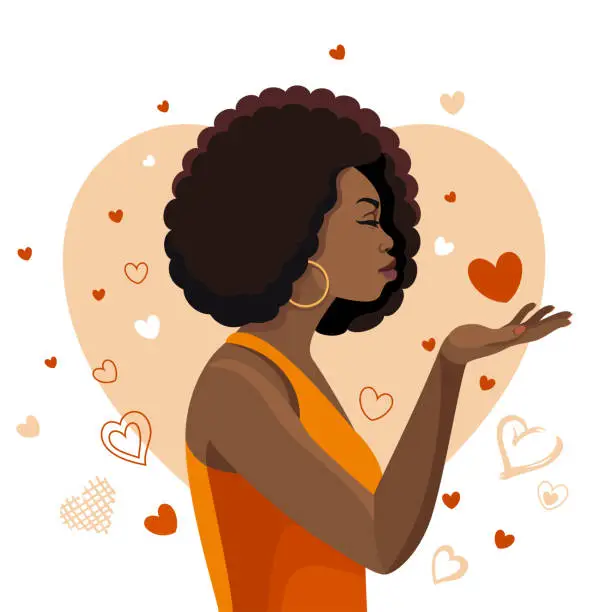 Vector illustration of Beautiful woman blowing kisses. Black woman with afro hairstyle.