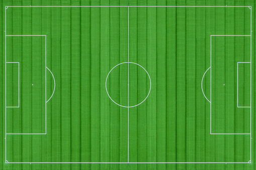 Green football pitch aerial view, directly above perspective