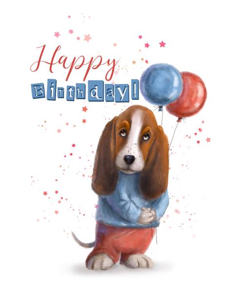 ilustrações de stock, clip art, desenhos animados e ícones de birthday card with dog and air balloons - birthday card dog birthday animal