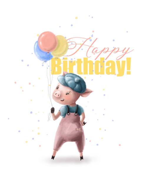 ilustraciones, imágenes clip art, dibujos animados e iconos de stock de tarjeta de cumpleaños con lechón de dibujos animados y globos aerostáticos - birthday card dog birthday animal
