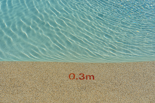 entrance to the pool with a depth indication of 0.3 meters.