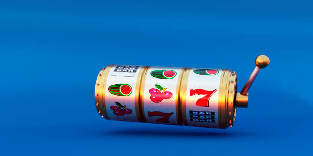 istock Online casino. 3D slot machine on blue background. Gambling concept design. 3d rendering illustration. 1415811971