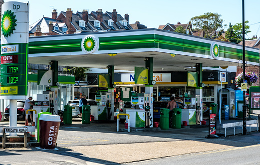 Dorking, Surrey Hills, London UK, August 13 2022, BP High Street Retail Filling Or Petrol Station