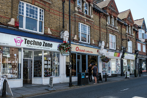 Dorking, Surrey Hills, London UK, August 13 2022, Town Centre High Street Commercial Retail And Residential Accommodation