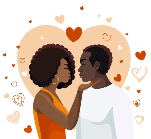 Vector illustration of African American Couple kissing. A young woman kissing her boyfriend.