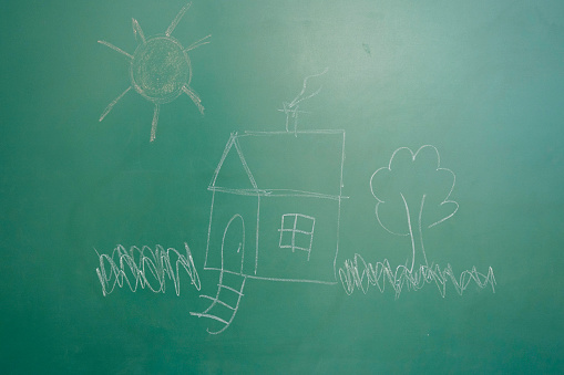 Children's drawing on green chalkboard