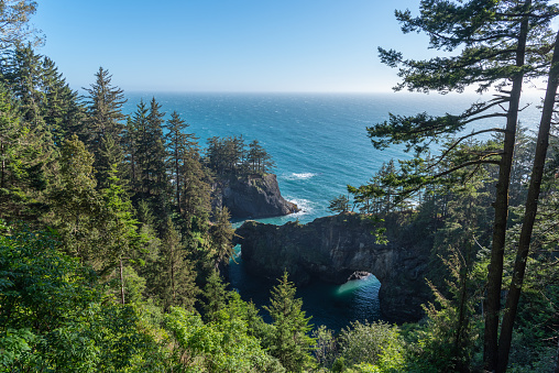 Majestic and rugged views of the beautiful Oregon Coast on a sunny blue sky day, Samuel H Boardman State Scenic Corridor