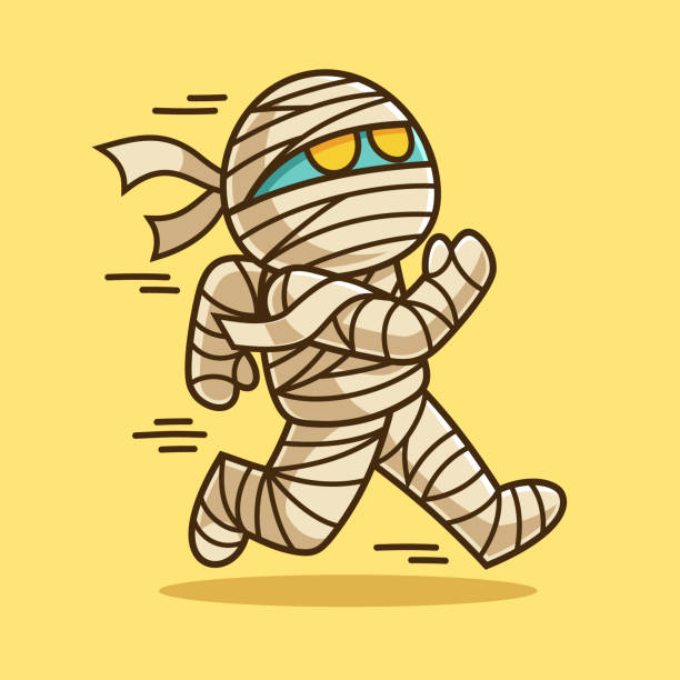 ilustraciones, imágenes clip art, dibujos animados e iconos de stock de running mummy cartoon character illustration - running mummified horror spooky