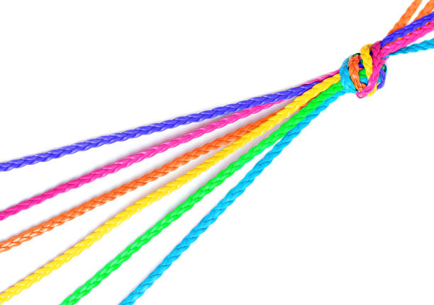 istock Six multi-colored cords come together in one knot 1415818958