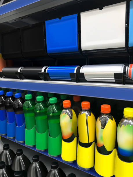 porte-distributeur de jus dans le réfrigérateur illustration 3d en gros plan - pop art drink can can soda photos et images de collection