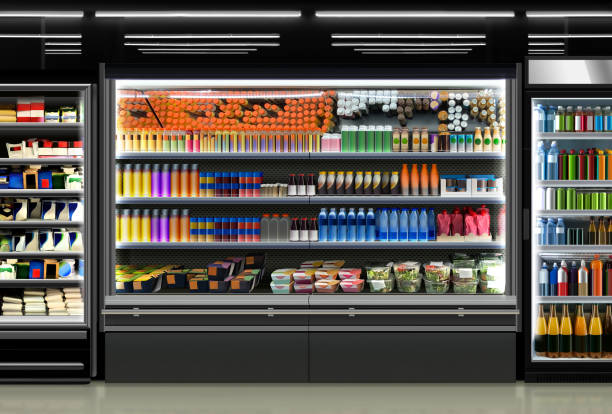 frigoriferi aperti nel supermercato - ice pack foto e immagini stock