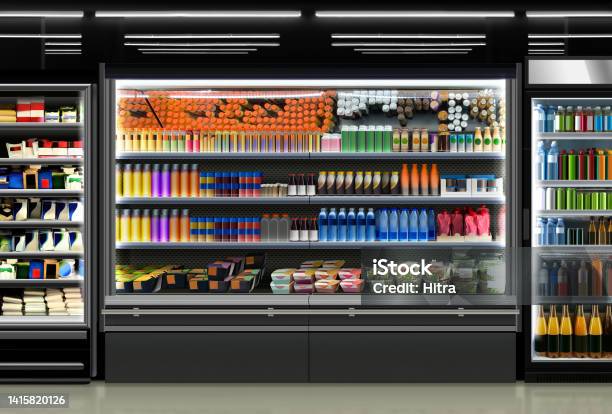 Open Refrigerators In Supermarket Stock Photo - Download Image Now - Supermarket, Cooler - Container, Refrigerator