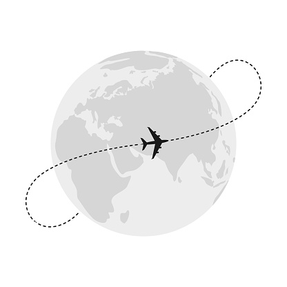 The plane flying around the earth globe on a white background. Monochrome vector illustration