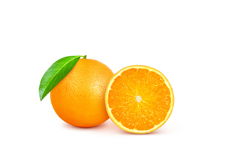 Orange fruit with leaf isolate. Orange whole, slice, leaves on white. Orang slices with zest isolated.
