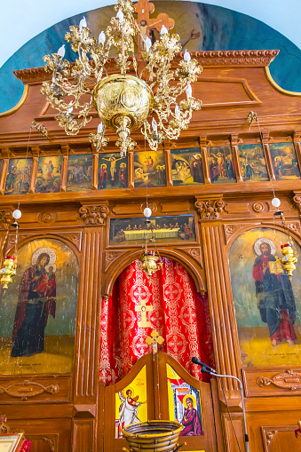 Altar Icons in Basilica John Baptist Greek Orthodox Church at Jesus Baptism Site at Bethany Beyond Jordan.
