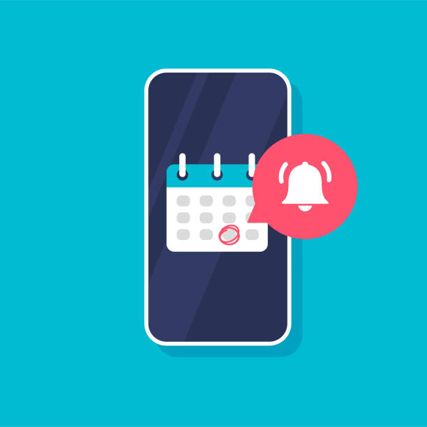 Calendar deadline or event reminder notification on a smartphone screen. Calendar deadline or event reminder notification on a smartphone screen. Highlighted date on it. Event or selected important day in phone. Vector illustration isolated on blue phone calendar stock illustrations