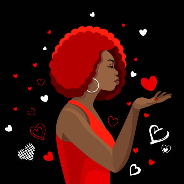 ilustraciones, imágenes clip art, dibujos animados e iconos de stock de hermosa mujer soplando besos. mujer negra con peinado afro. - black background women portrait afro