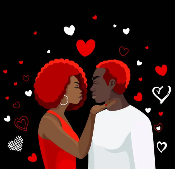 Vector illustration of Portret Black Woman Kissing A Man Black Background. Afro hairstyle.
