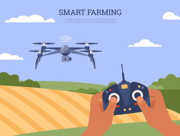 smart-farming-konzept, drohne fliegt über das feld, bannervorlage - flache vektorillustration. - filming point of view illustrations stock-grafiken, -clipart, -cartoons und -symbole