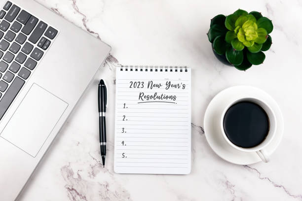 istock Note pad with text 2023 New Year resolutions on top of office desk 1415830658