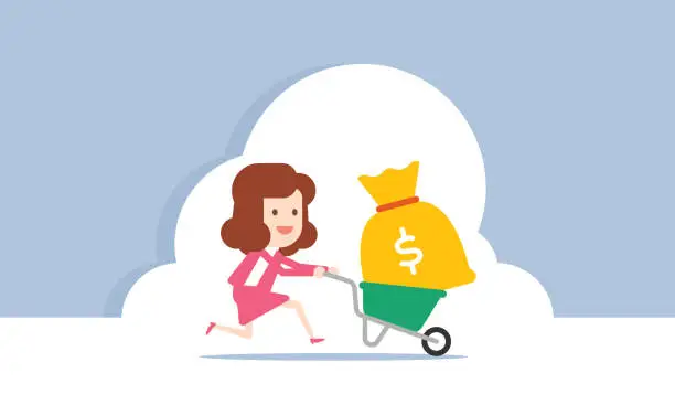 Vector illustration of Businesswoman pushing cart full of money