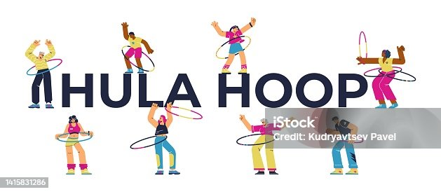 istock Hula hoop banner header with cartoon people flat vector illustration isolated. 1415831286