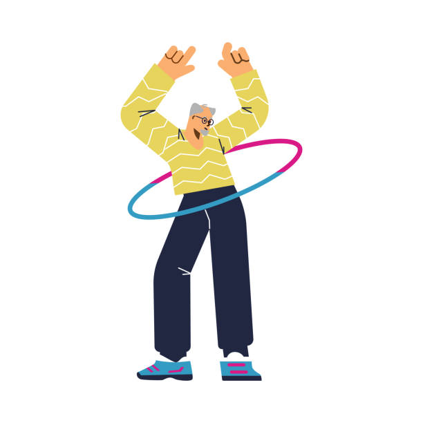 Happy elderly man twisting hula hoop around waist, flat vector illustration isolated on white background. Happy elderly man twisting hula hoop around waist, flat vector illustration isolated on white background. Senior man working out with gymnastic ring. Concepts of sport and active time. cartoon of the older people exercising gym stock illustrations
