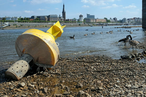 Climate change -  the Rhine disappears in Düsseldorf, Germany stock photo