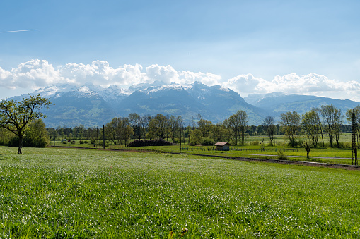 Nendeln, Liechtenstein, April 28, 2022 Beautiful landscape on a sunny day in spring time