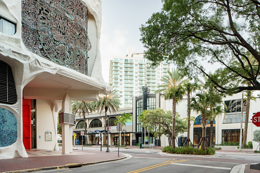 Miami, FL, USA - August 6, 2022: Photo of Coconut Grove businesses on Grand Avenue and Virginia St