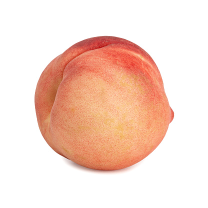 Ripe whole peach fruit with green leaf isolated on white background with clipping path. Full depth of field.