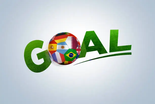 Goal text Football soccer ball with team national flags. World football team flag on 3d ball.