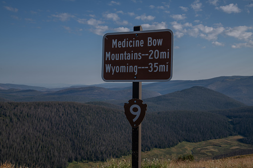 Top of trail ridge road sign in Rocky Mountain National Park, northern Colorado, western USA.