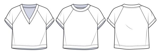 Raglan Cropped Tee Shirt fashion flat tehnical drawing template. Unisex Crop T-Shirt, Crop Top fashion CAD mockup, raglan short sleeve, overfit, front, back view, white colour, set. Raglan Cropped Tee Shirt fashion flat tehnical drawing template. Unisex Crop T-Shirt, Crop Top fashion CAD mockup, raglan short sleeve, overfit, front, back view, white colour, set. tehnical stock illustrations