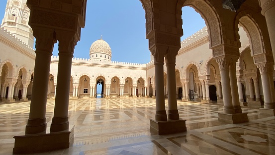 Muscat, Oman – July 28, 2022: Patio of Sultan Qaboos Grand Mosque in Muscat.