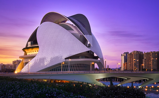 Valencia August 10, 2022, beautiful sunset in the famous city of arts and sciences, with its avant-garde architecture of the Palau de las Artes Reina Sofia