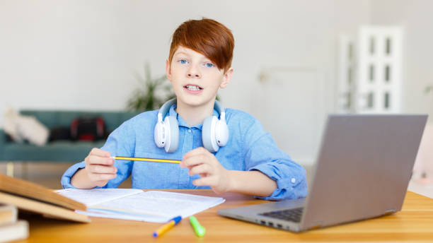 istock Schoolboy during an online seminar. He makes a presentation on his topic. Format photo 16x9. 1415841617