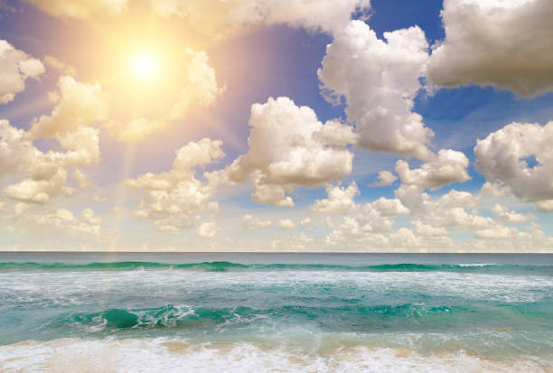 Nature of tropical summer beach with sun. Vacation and travel concept.