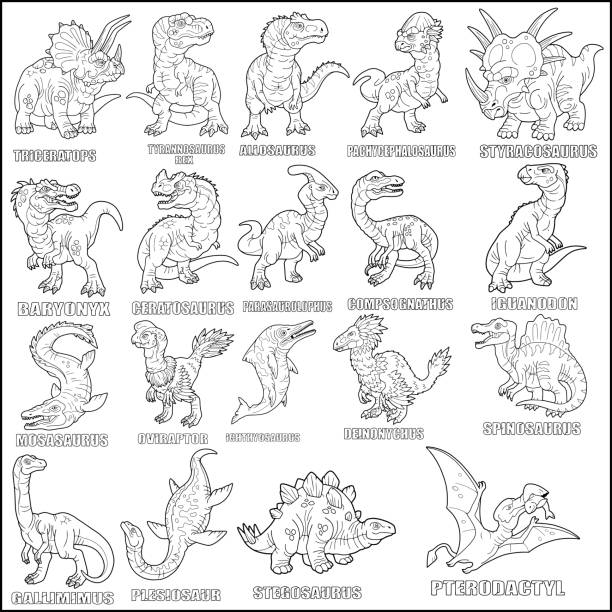dinosaurs, set of images, coloring book prehistoric dinosaurs, set of images, coloring book spinosaurus stock illustrations