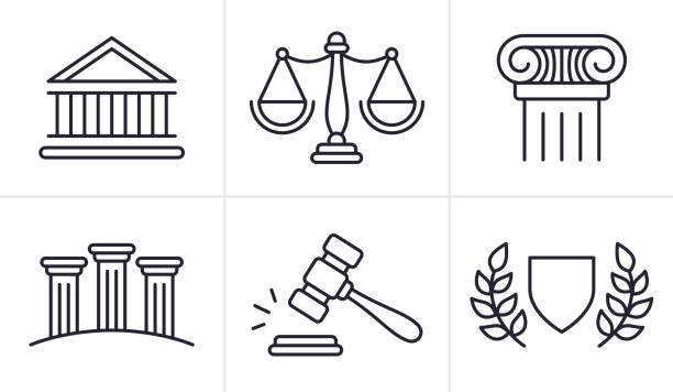ilustraciones, imágenes clip art, dibujos animados e iconos de stock de legal y justicia línea iconos y símbolos - sistema jurídico
