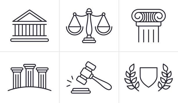 иконки и символы линий права и правосудия - legal system courthouse law justice stock illustrations