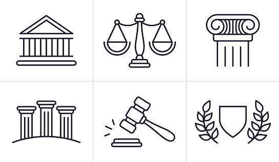 Justice and legal law line icons and symbols icon set collection.