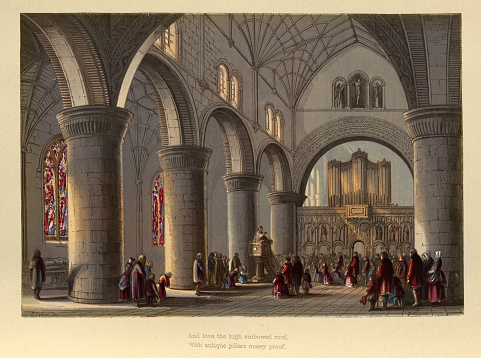 Vintage illustration, Priest preaching from the pulip in a church, stained glass windows, 19th Century.  And love the high embowed roof, With antique pillars massy proof
