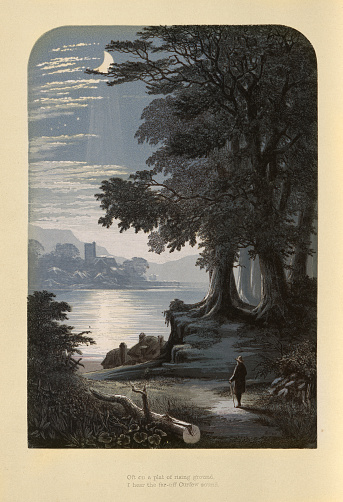Vintage illustration, Victorian moonlit landscape art, lake, forest, trees, tranquil, night, moon, 19th Century.  Oft on a plat of rising ground, I hear the far off Curfew sound