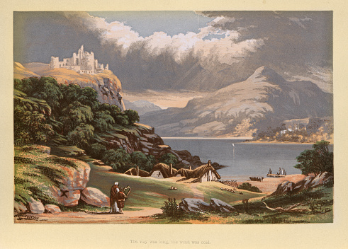 Vintage illustration, Victorian landscape art, Ruined castle overlooking lake and village, mountains, 19th Century.  The way was long the wind was cold