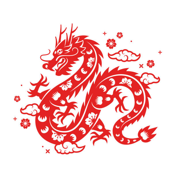 Chinese Dragon clouds flowers Chinese Dragon red logo, flowers and asian clouds, traditional paper cut style. Vector illustration. China lunar calendar animal 2024 Happy New year. Asian tattoo, floral spring pattern lunar new year 2024 stock illustrations