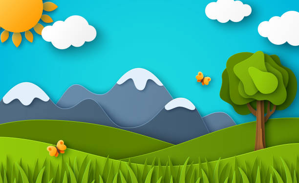 Nature landscape scenery paper cut Green nature landscape scenery poster in paper cut style. Vector illustration. Spring day, summer poster, clouds, tree, snowy mountain, butterfly. Outdoor modern cartoon concept, children design papercutting stock illustrations