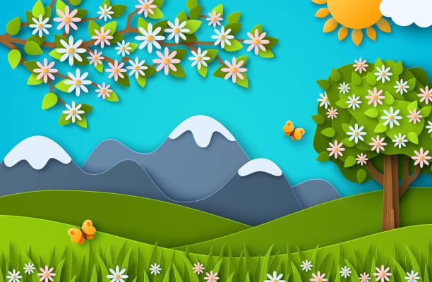 Spring landscape scenery paper cut Spring nature landscape scenery poster paper cut style. Vector illustration. Summer day poster, clouds, blooming tree, mountain, butterfly. Outdoor modern cartoon concept, village countryside scene spring flower mountain landscape stock illustrations