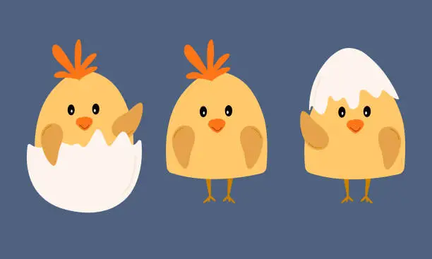 Vector illustration of Set of hand drawn cute cartoon chicks and eggshells flat style